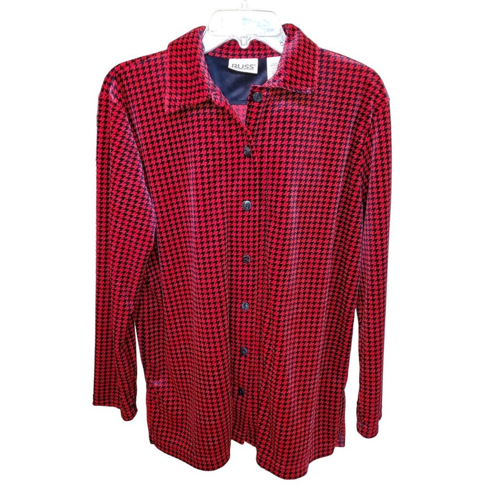 Russ Liz Claiborne Shirt/Jacket Velour Red/Black Houndstooth Size 8/10 Med
